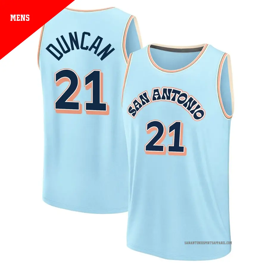 ＃21 Men's Tim Duncan San Antonio Spurs 2024/25 Fast Break Fanatics Light Blue City Edition Jersey