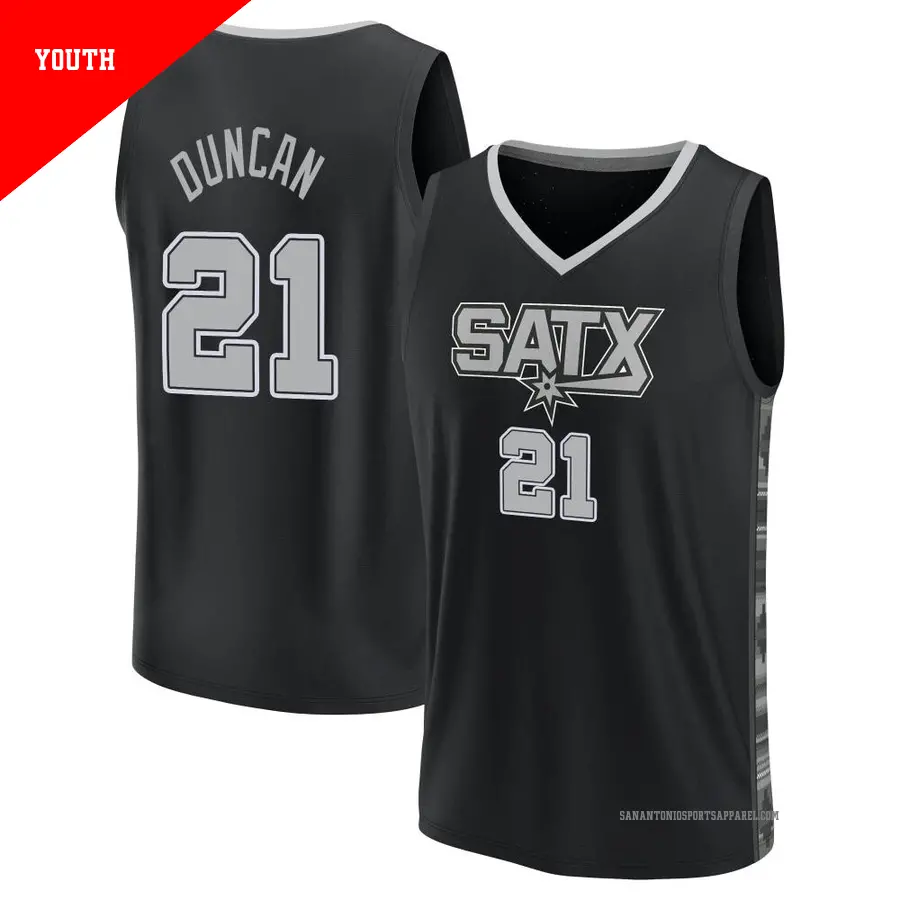 ＃21 Youth Tim Duncan San Antonio Spurs 2022/23 Fast Break Black Statement Edition Jersey
