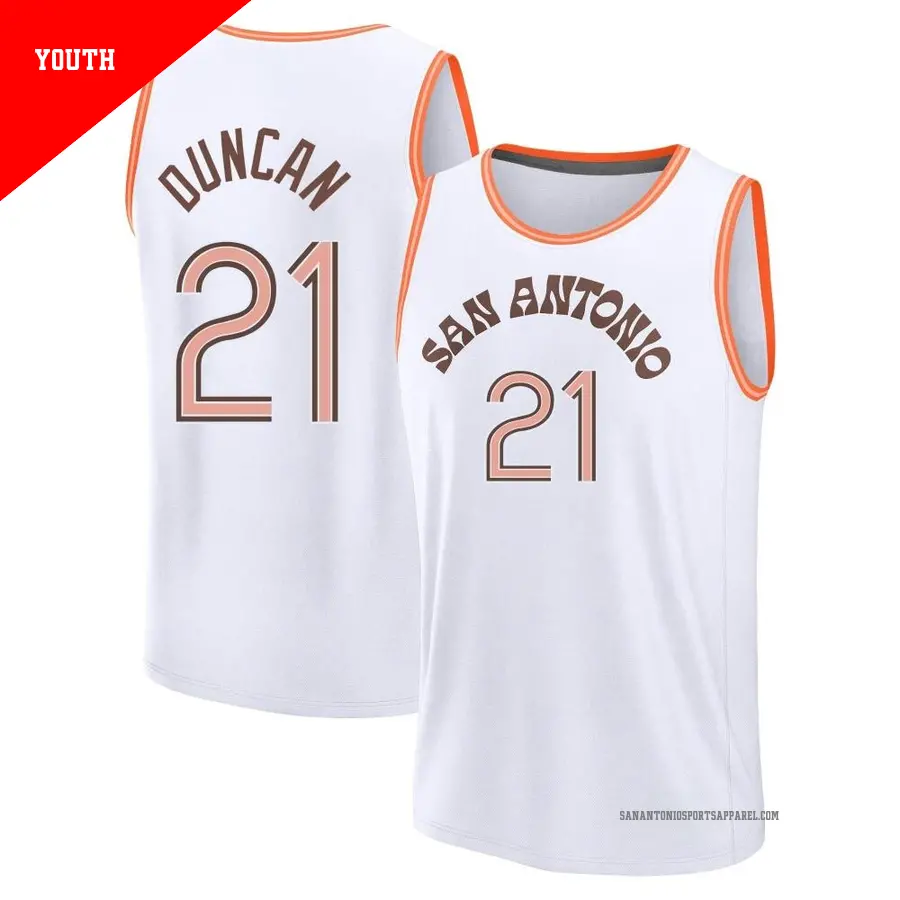 ＃21 Youth Tim Duncan San Antonio Spurs 2023/24 Fast Break White City Edition Jersey