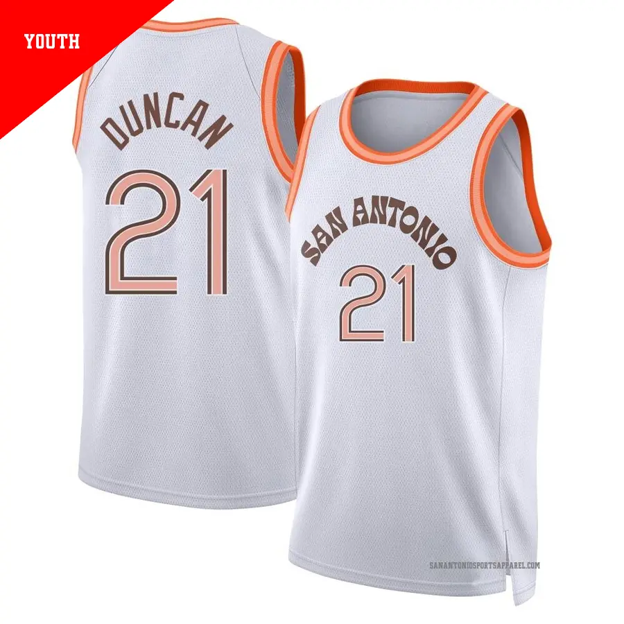 ＃21 Youth Tim Duncan San Antonio Spurs 2023/24 Swingman White City Edition Jersey